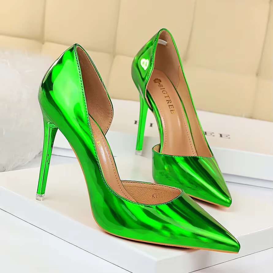 Women 10.5cm High Scarpins Pumps Lady Neon Green Blue Fetish Wedding Bridal Heels Metallic Glossy Leather Evening Shoes