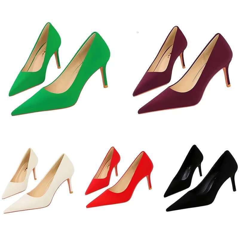 New Women 7cm 10cm High Pointed Toe Nightclub Pumps Lady Daily Office Middle Low Heels Concise Red Green Barefoot Shoes