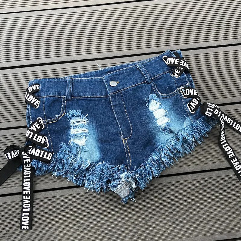 Sexy Low Waist Bandage Denim Ripped Hole Short Jeans Women Mini Skinny Sexy Club DJ Dance Shorts White Blue Black 250118