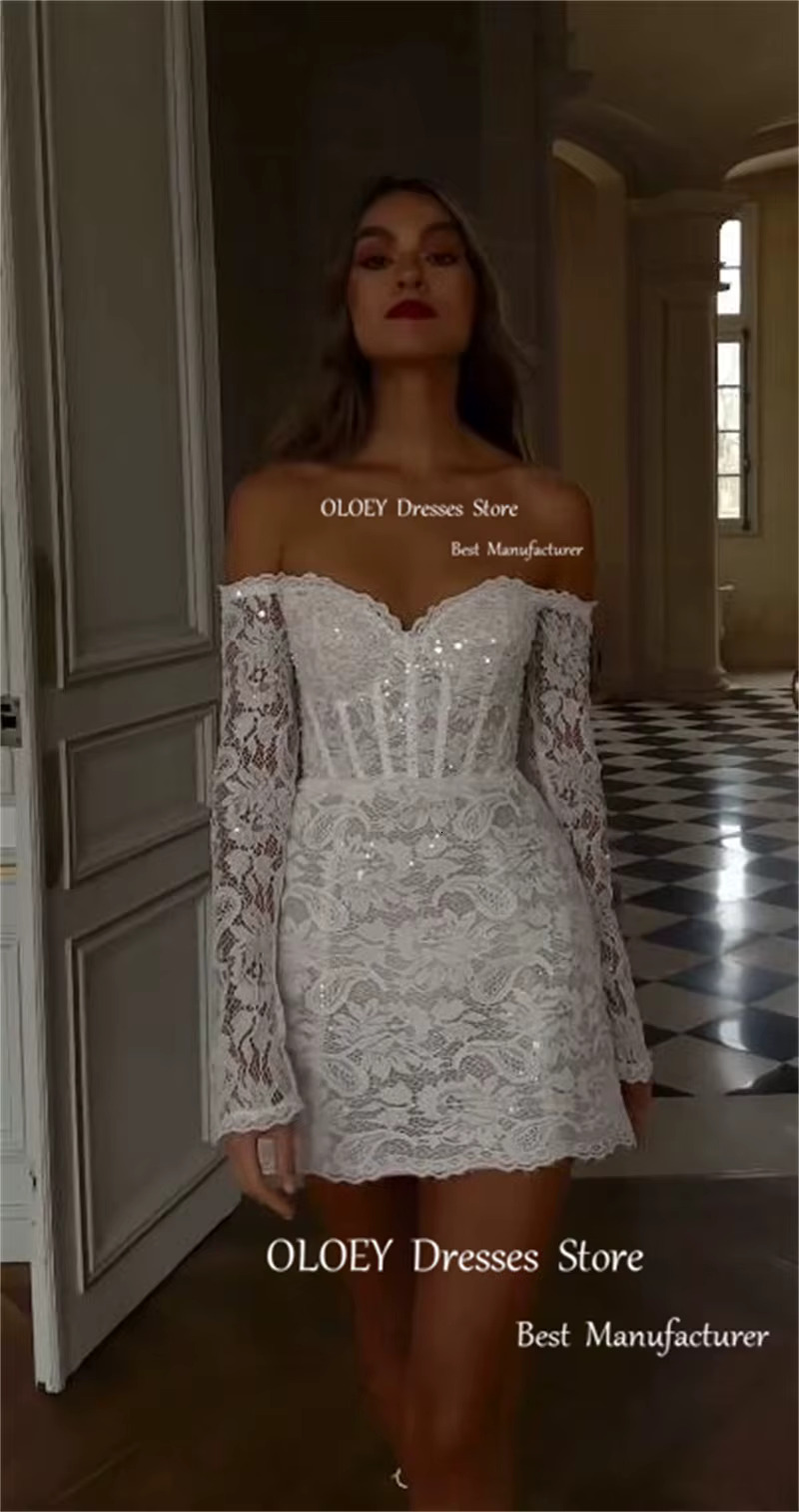 OLOEY Shiny Full Lace Mini Short Wedding Dresses Off Shoulder Long Sleeves US Women Bride Dress Customised Party Bridal Gowns