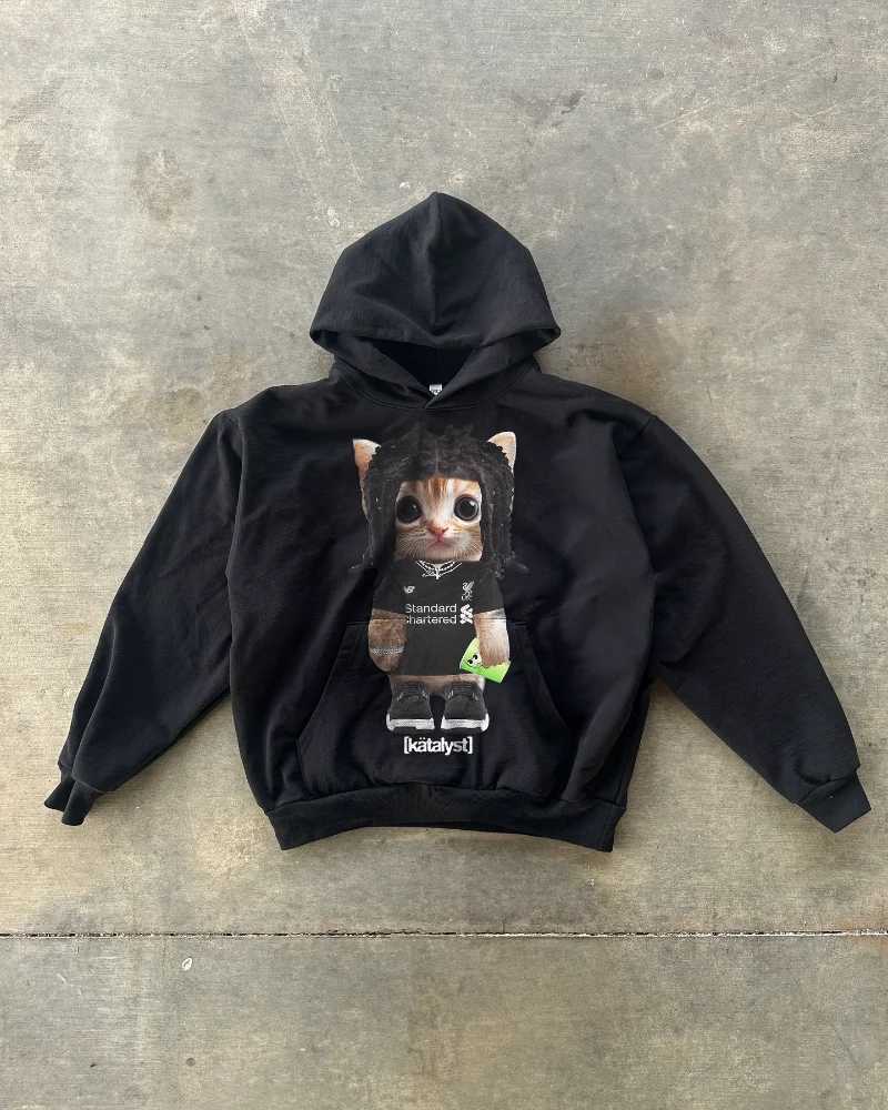 American Fashion Casual Mens Hoodie Y2K Harajuku Retro Cartoon Cat Print Street Gothic Trendy Loose Couple Sweater Womens W250117