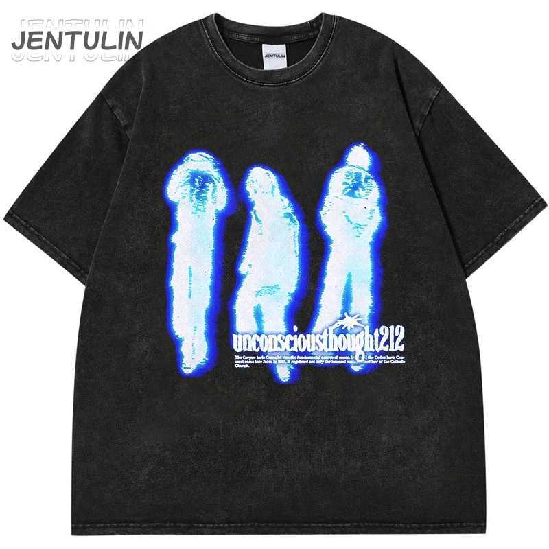 Hip Hop Summer Men Black Washed T-Shirt Streetwear Blurry Shadow Graphic T Shirt Cotton Letter Print Tshirt Top Y2k Tees Hipster W250117