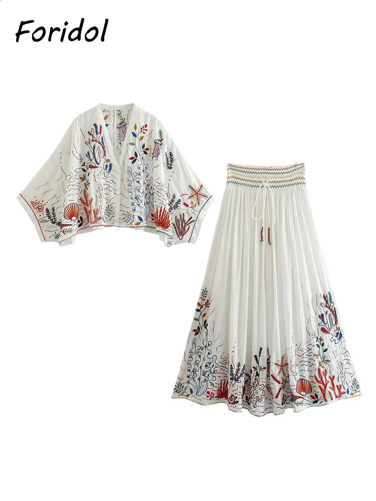 Foridol Marine Organism Embroidered Batwing Sleeve Summer Spring Long Dress Set Cotton White Tassel Dress Set Button Set 250110