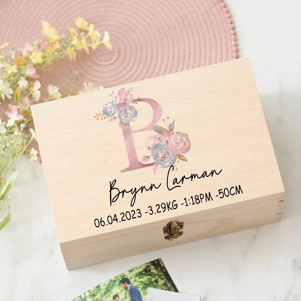 Personalized Baby Gift Keepsake Box Custom Memory Box Flower Letter Print Wooden Box born Shower Gift Baby Birth Stats Box 250120