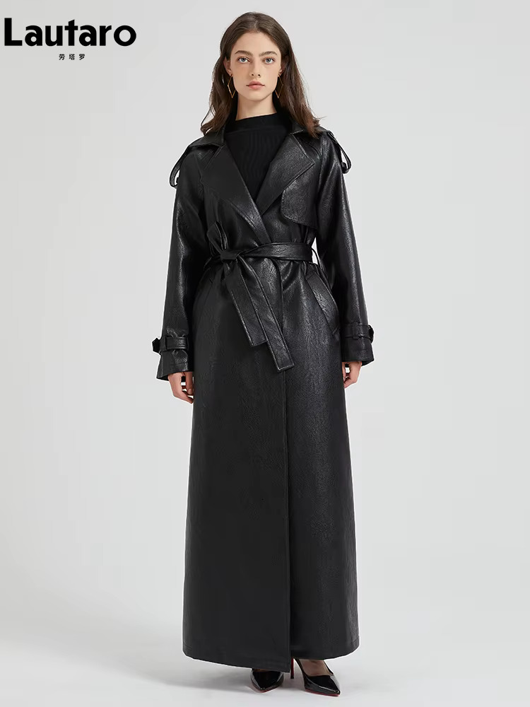 Lautaro Spring Autumn Extra Long Brown Pu Leather Trench Coat For Women Sashes Chic Overcoat Runway European Fashion 2024
