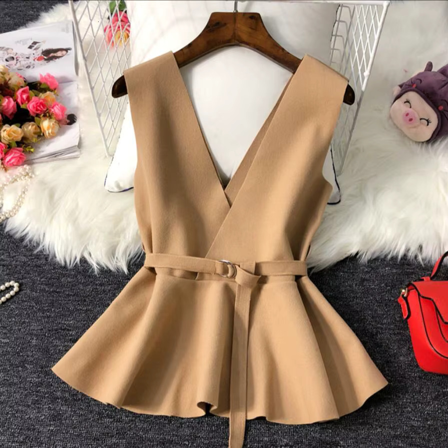 2020 Autumn Winter Sleeveless Coat V-Neck Slim Waist Belt Woolen Vest For Women Pullover Waistcoat Female Outerwear