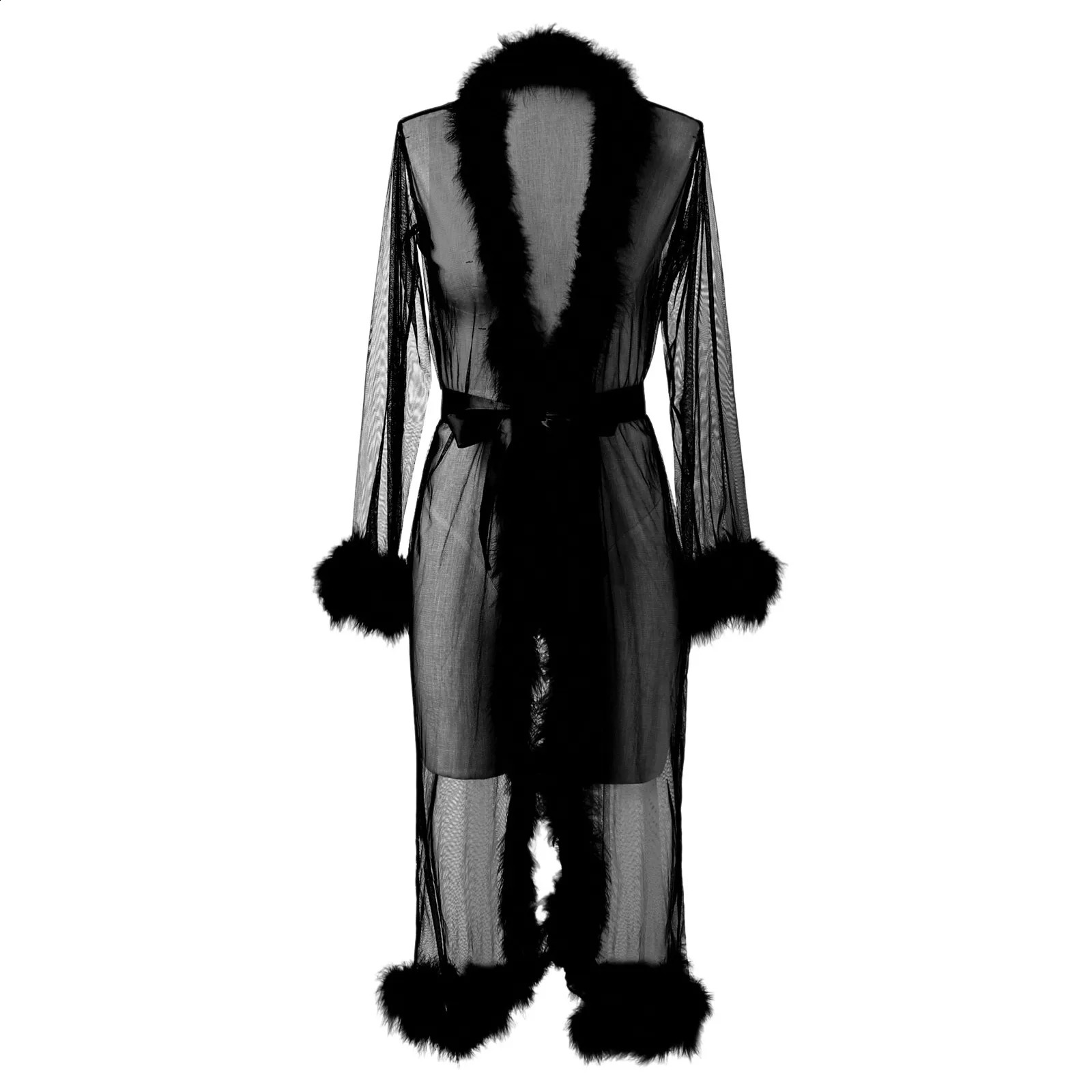 See Through Chiffon Cardigans Robe Bikini CoverUps Swimsuit Smock Long Beach Dress with Belt Sexy Bathing Suit Cover Up 250122