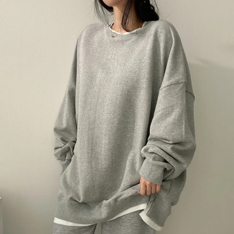 Korean Patchwork Long Sleeve Loose Hoodie Women Crewneck Simple Oversize Sweatshirt Woman Drop Shoulder Casual Sportswear Female 250110