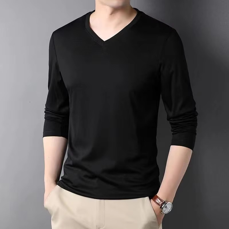 Fashionable And Versatile Men's Modal Cotton Basic T-shirt Spring And Autumn Long Sleeved V-neck Men's Clothing Thin Bottom Solid Color Casu