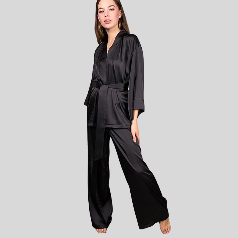 Spring European and American satin cardigan lace-up nightgown pajama pants solid color home set loose women's pajamas