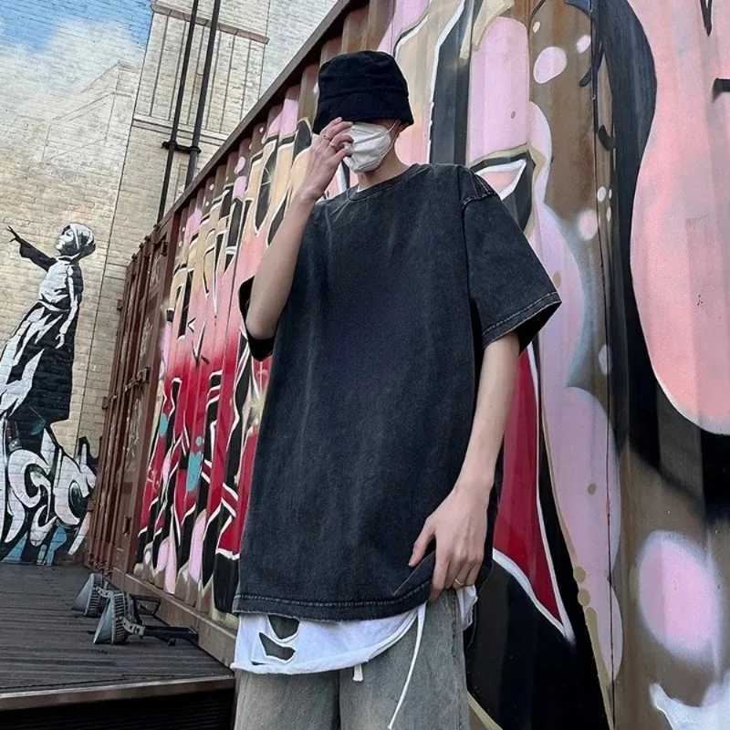 230G Cotton Retro T-shirt Drop-shoulder Sleeve Men Women Vintage Short-sleeve T Shirts Solid Color Hip Hop Loose Tees W250117