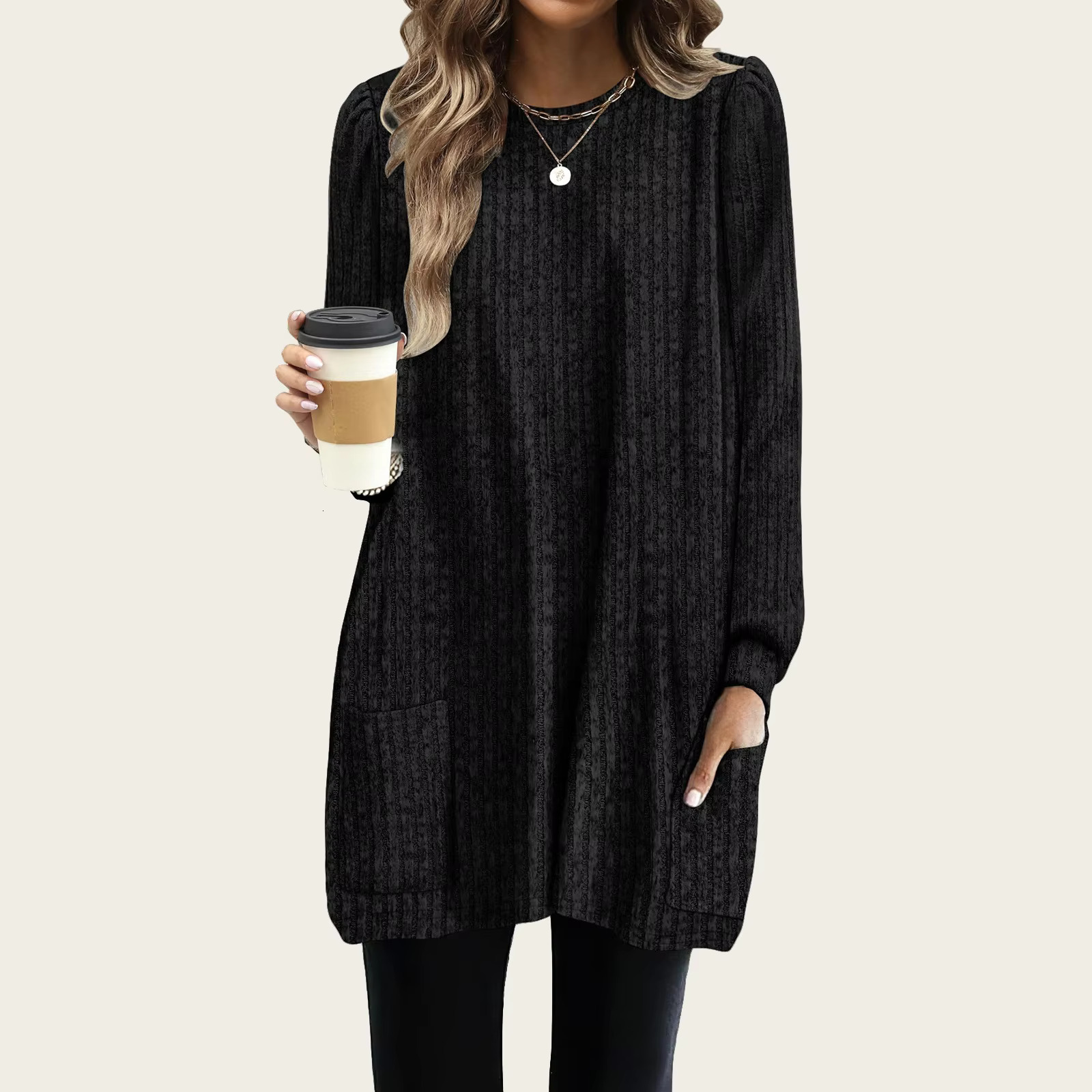 New Spring Shirt Fluffy Long Sleeved T-shirt Round Neck Casual Loose Pocket Shirt Elegant Streetwear Designer T-shirt Women's Solid Color Waistba