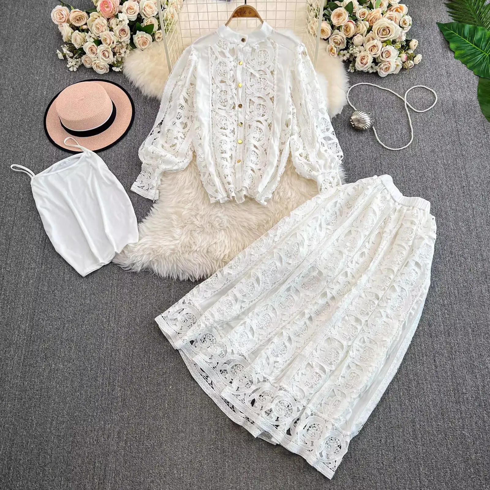 Autumn crochet white lace embroidery 3-piece set womens dress set hollow loose top elastic waist long skirt 250110