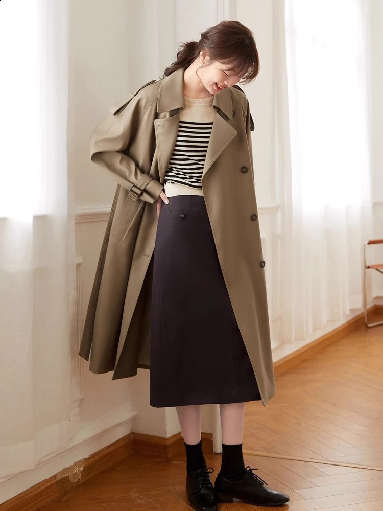 Khaki double breasted long trench coat for womens casual and loose Korean Gabardina lapel classic oversized windproof jacket 250118