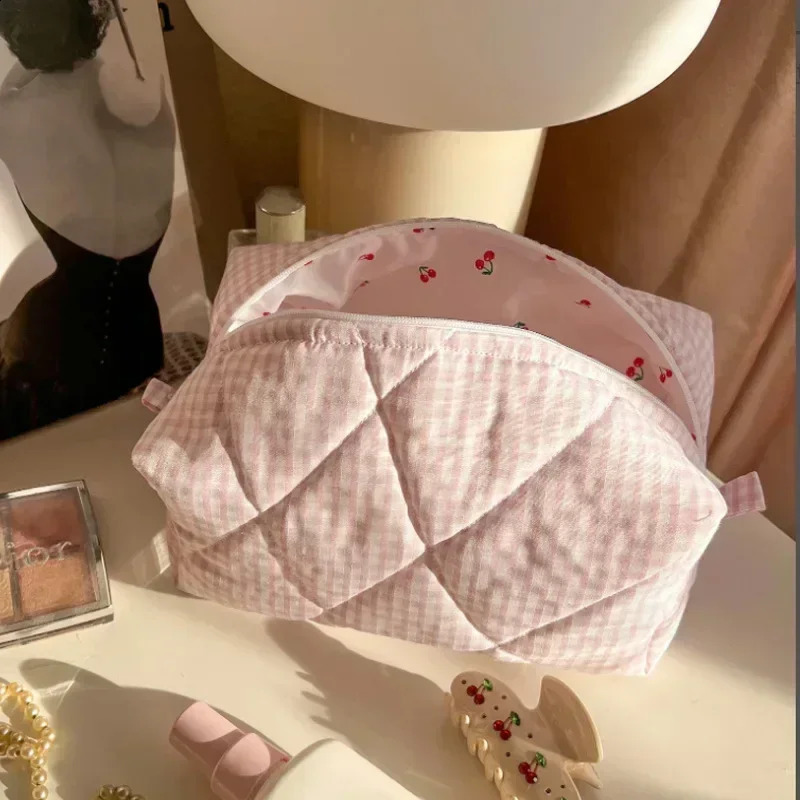 Fashion Checkered Floral Makeup Bag Large Capacity Portable Cosmetic Storage Bag Cotton Quilted Wash Bag Skincare Pouch 250120