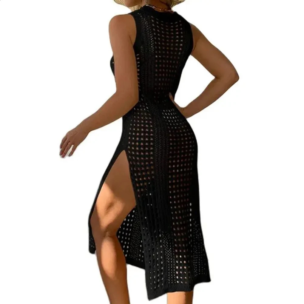 2024 Women Swimsuits Cover Ups Crochet Bathing Suit Hollow Out Bikini Coverup Beach Swimwear Sleeveless Side Split Dresses 250122