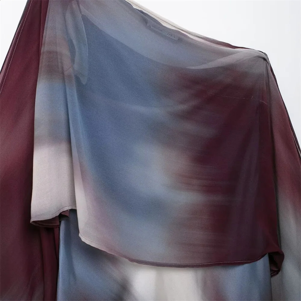 TRAF autumn womens fashionable slim fit asymmetrical layered decorative printed silk satin texture long dress 250122