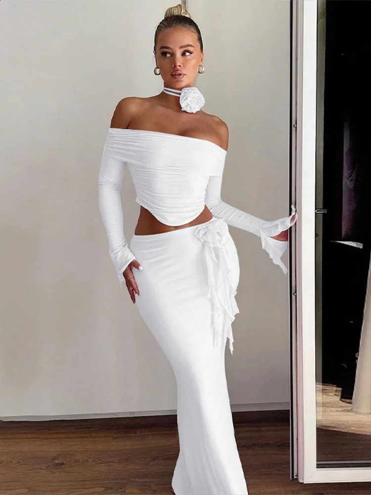 TARUXY Flower Bodycon Skirt Sets Women Slim Sexy Backless Lace Up Tops Womens Party Elegant Dress 2 Piece Womens Suits Outfits 250113