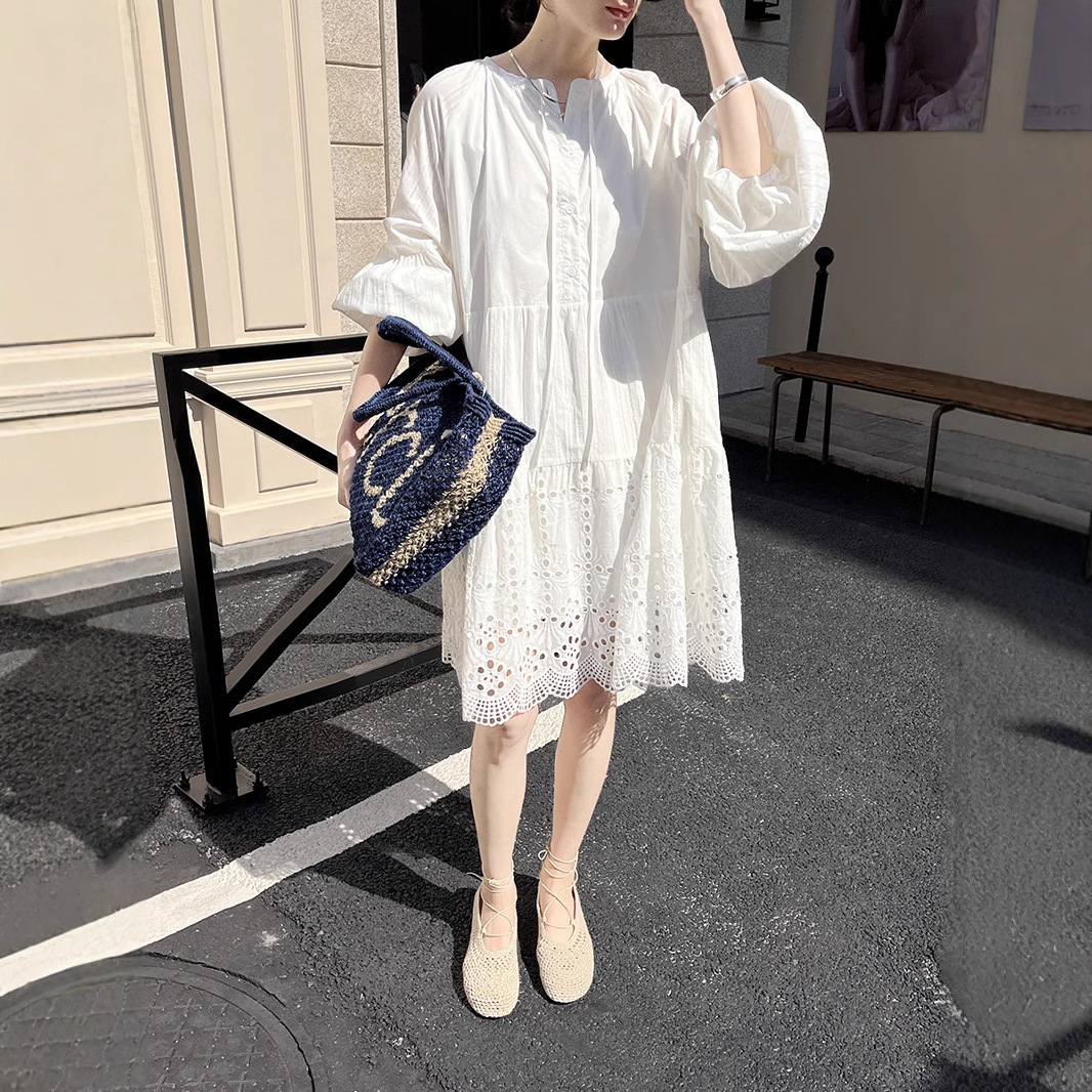 2025 New Women's Early Spring Thirteen Rows 100% Cotton Korean Designer Hollow Embroidery Lantern Sleeves Loose Beach Skirt Swinging Dress
