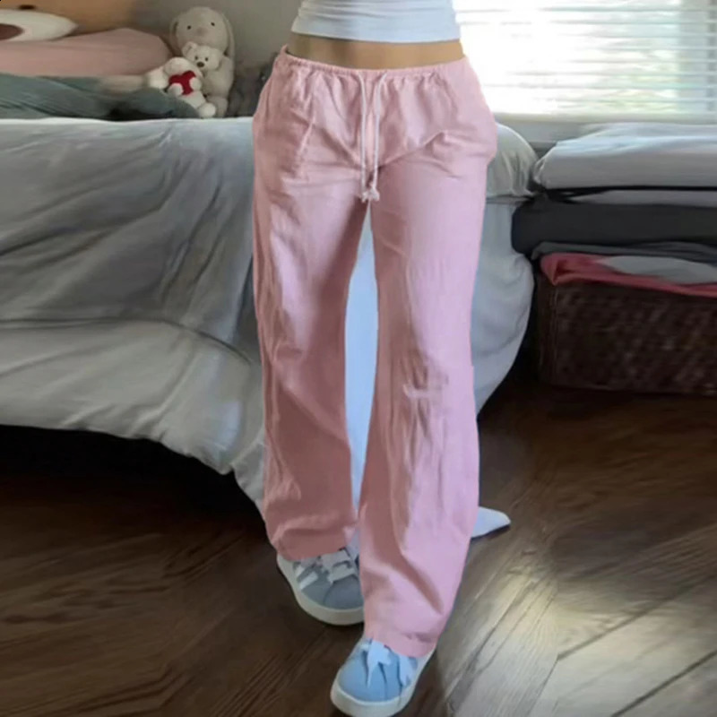 CIBBAR Drawstring Low Rise Pink Casual Pants y2k Basic See Through Pants y2k Aesthetic Straight Trousers for Women Korean Style 250122