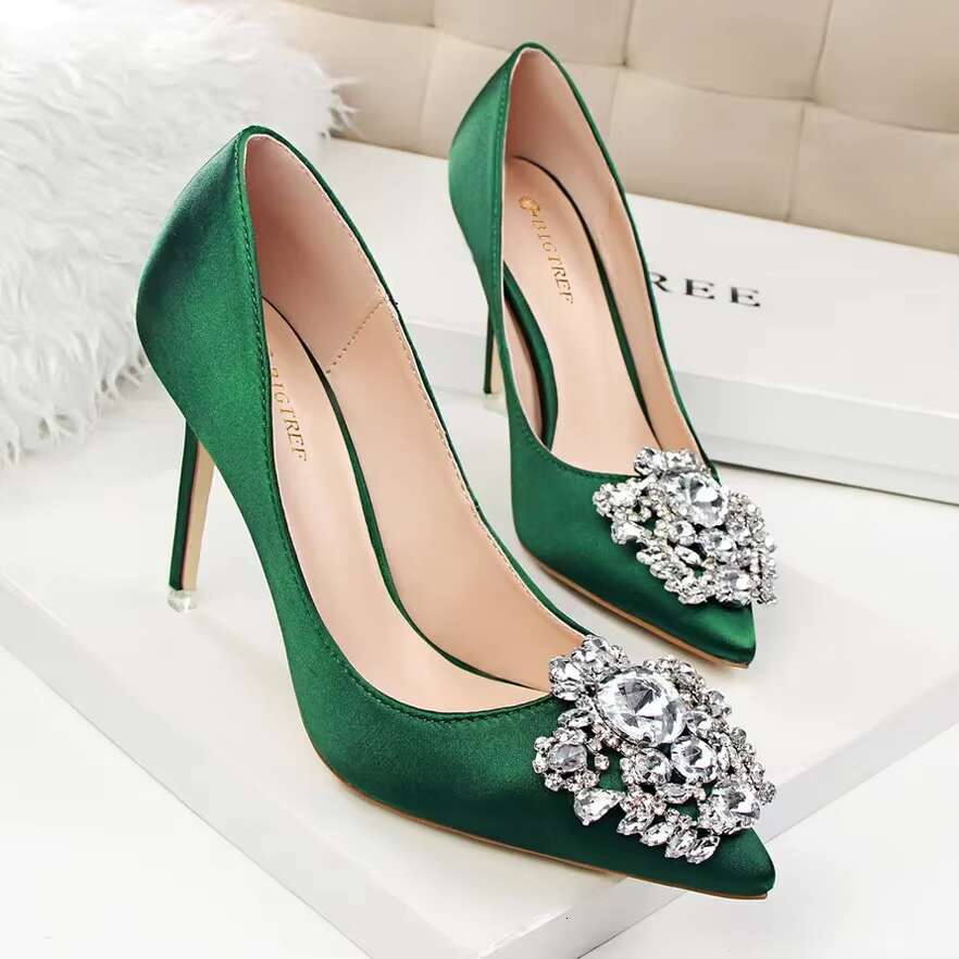 Women 10cm High Heels Sexy Rhie Green Pink Gray Pointed Toe Pumps Lady Silk Satin Escarpins Elegant Wedding Evening Shoes