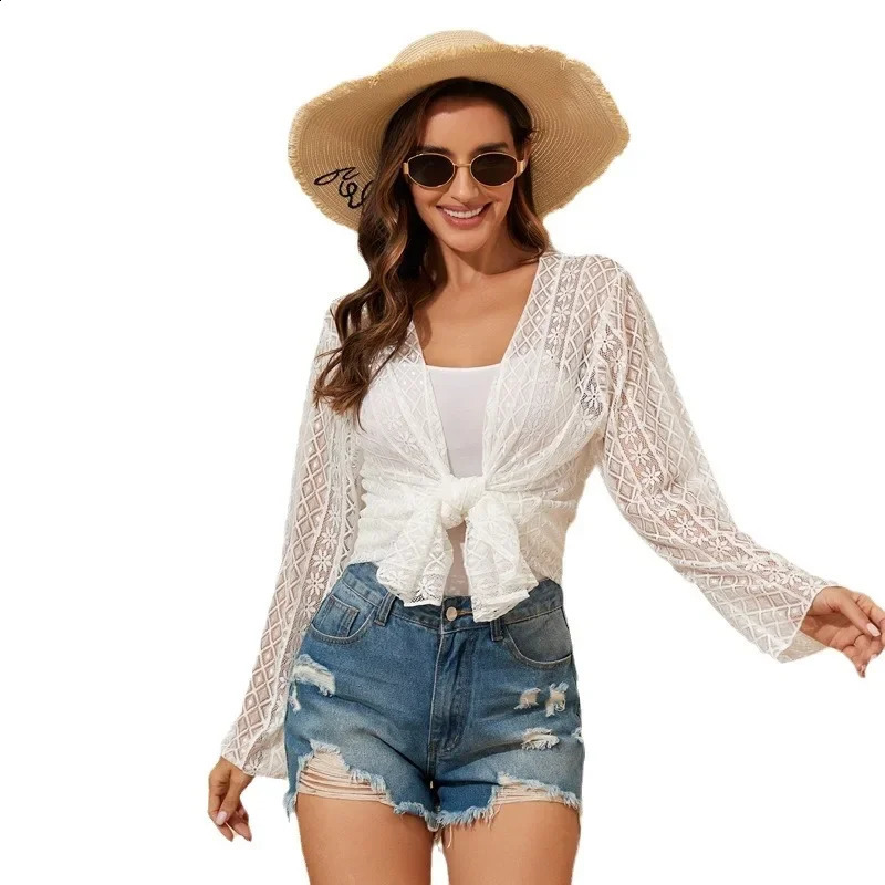 Beach Cover Up Womens Beachwear Seethrough White Shirt Kimono Summer Swim Ladies Long Sleeve Swimsuit 2025 Pool 250122