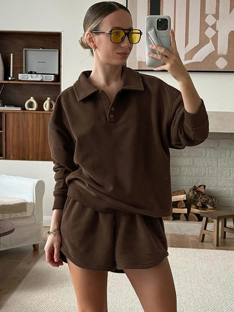 BKQU Two Piece Sets Women Shorts and Top Fashion Long Sleeve Lapel Sweatshirt High Waist Shorts Autumn Casual Streetwear Outfits 250113