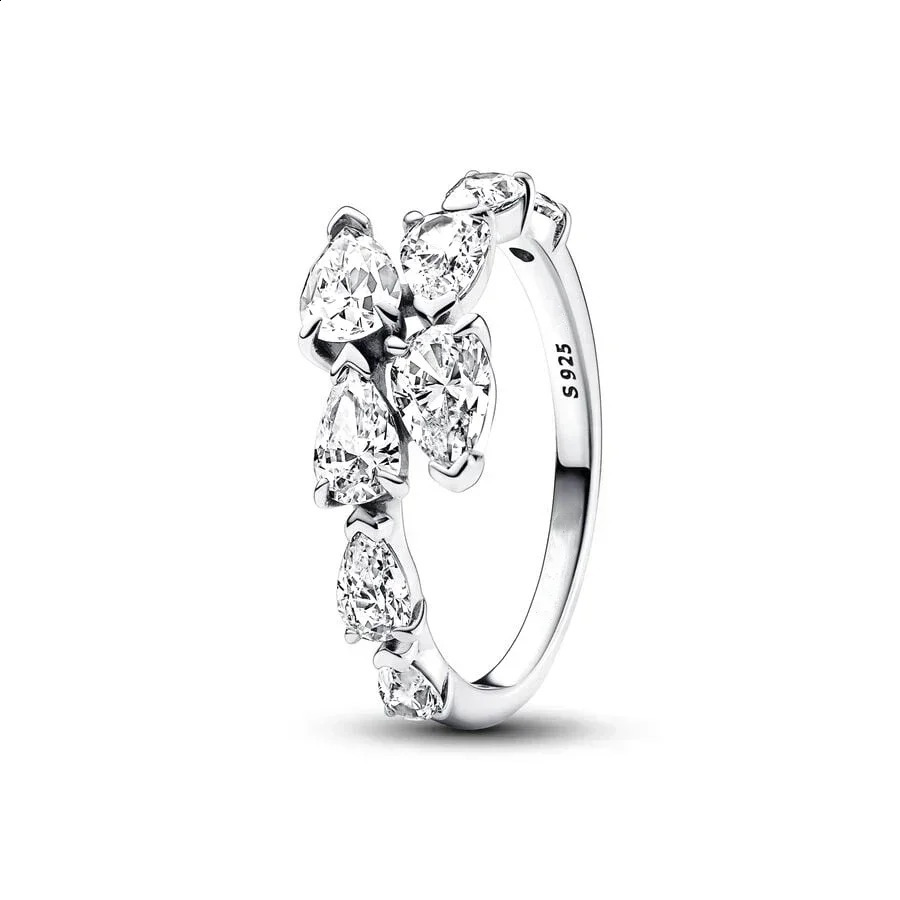 925 Sterling Silver pretty Sparkling Asymmetrical Herbarium Cluster Band Pear Halo Timeless Crossover Dual Band Ring Gifts 250121