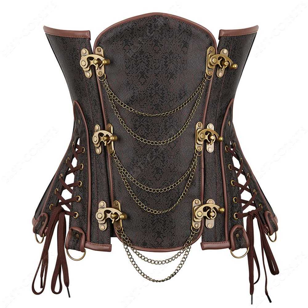 Brown Corset Women Steampunk Faux Leather Underbust Corset Steel Boned Bustier Gothic Chain Couture Corset Underbust W250120