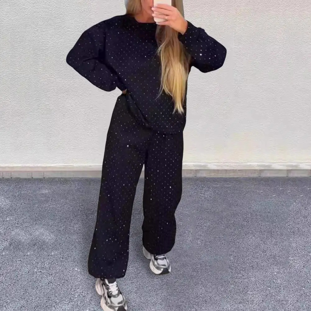 Women Loose Fit Suit Womens Rhinestone Decor Sweatshirt Wide Leg Trousers Set for Wear Sport Outfit Round Neck Long Fall 250122