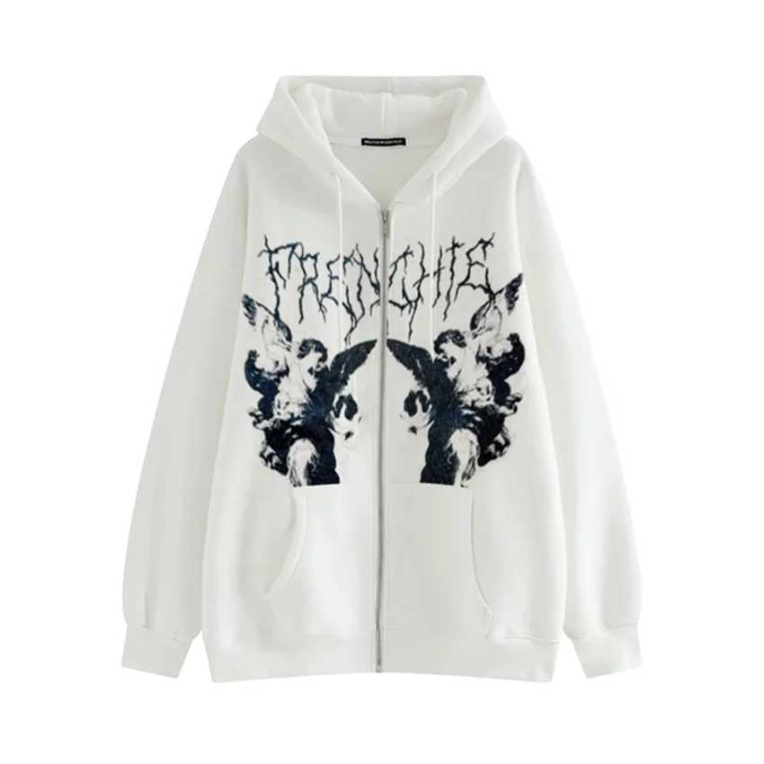 Womens Retro Angel Printed Hoodie Mens Zipper Long Sleeve Pocket Autumn Winter Street Clothing Coat Y2K Aesthetic Loose Hoodie W250117