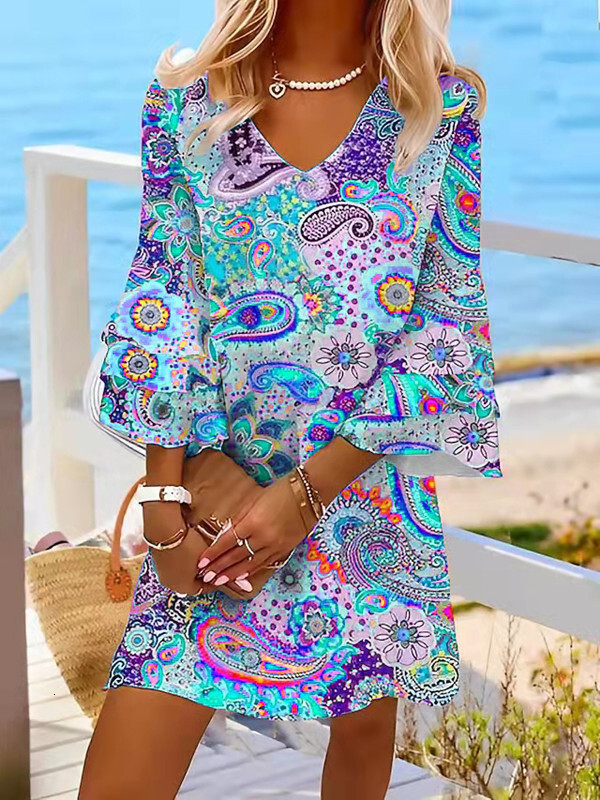 Summer 2025 New Designer Quarter Sleeve Ruffle V-neck Colorful Printed Dress For Women's Beach Skirt
