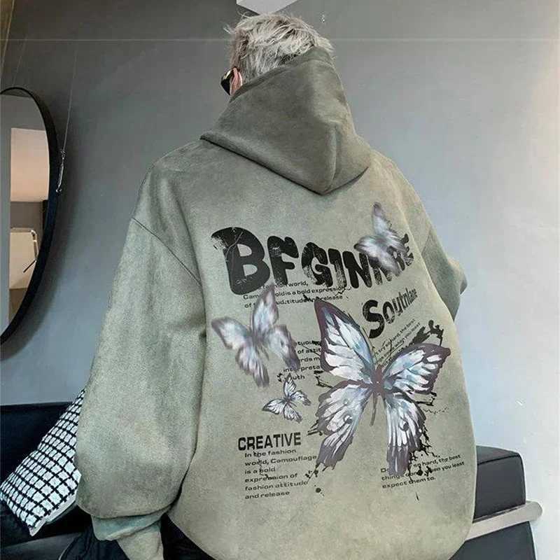New Creative Butterfly Printed Suede Hoodies For Men Hip Hop Fashion Oversized Hoody Sweatshirts Women Y2K Streetwear Clothes W250117