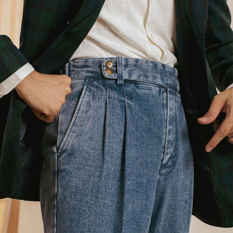 Double Pleat Jeans Men Naples Pants Wash Cotton Loose Straight Trousers Spring Autumn Fashion England High Waisted Denim Pant 250120