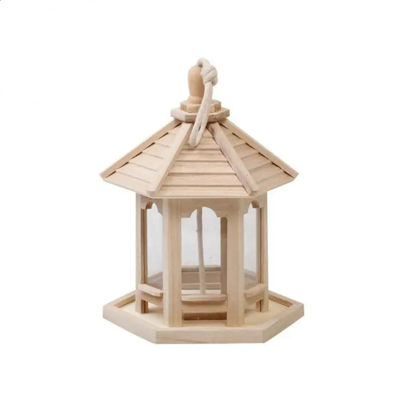 Bird Cage Feeder Wooden Pet Water Feed House Shape Transparent Pet Birdhouse Food Dispenser Food Container Durable Hanging 250121