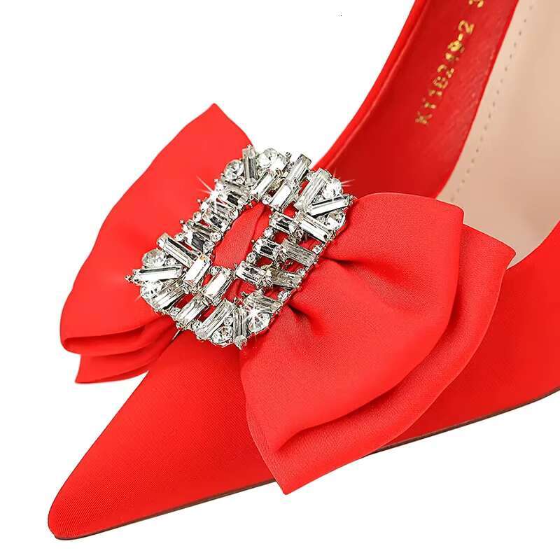 Women 10.5cm High Heels Sexy Rhie Bow Bla Red Pointed Toe Party Pumps Lady Silk Satin Escarpins Wedding Evening Shoes
