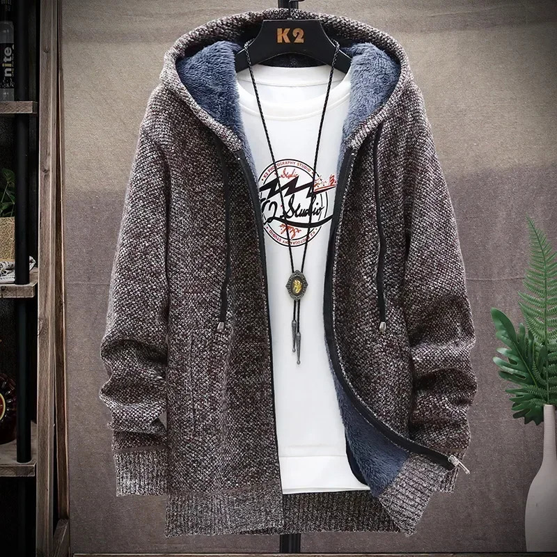 Men Hooded Cardigan Sweater Jacket Coat 2024 Winter Fleece Thick Warm Solid Casual Knitted Cardigan Outerwear Men Clothing 250116