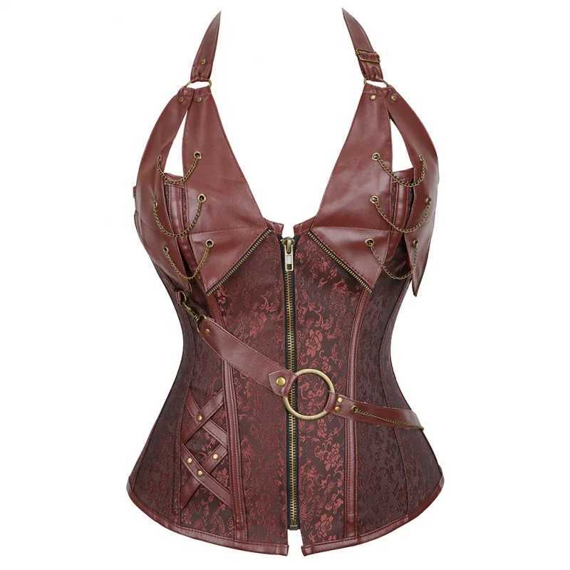 Steampunk Vintage Corset Gothic Clothing Corsets for Women Brown Overbust Top with Zipper Plus Size Retro Faux Leather Corset W250120