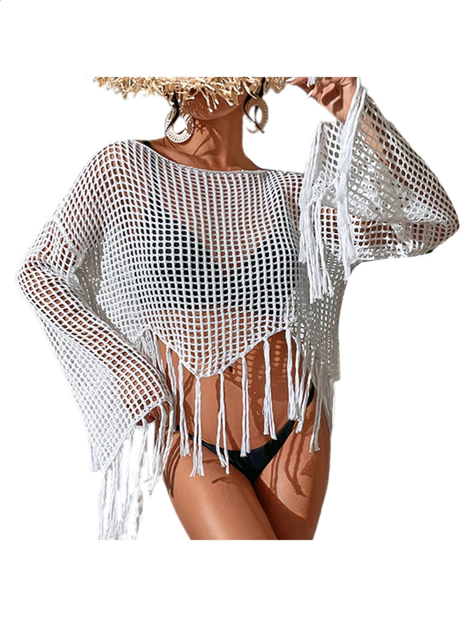 Womens Stylish Beach CoverUp Boho Chic Crochet Long Sleeve Tassel Tunic with CutOut Details 250122