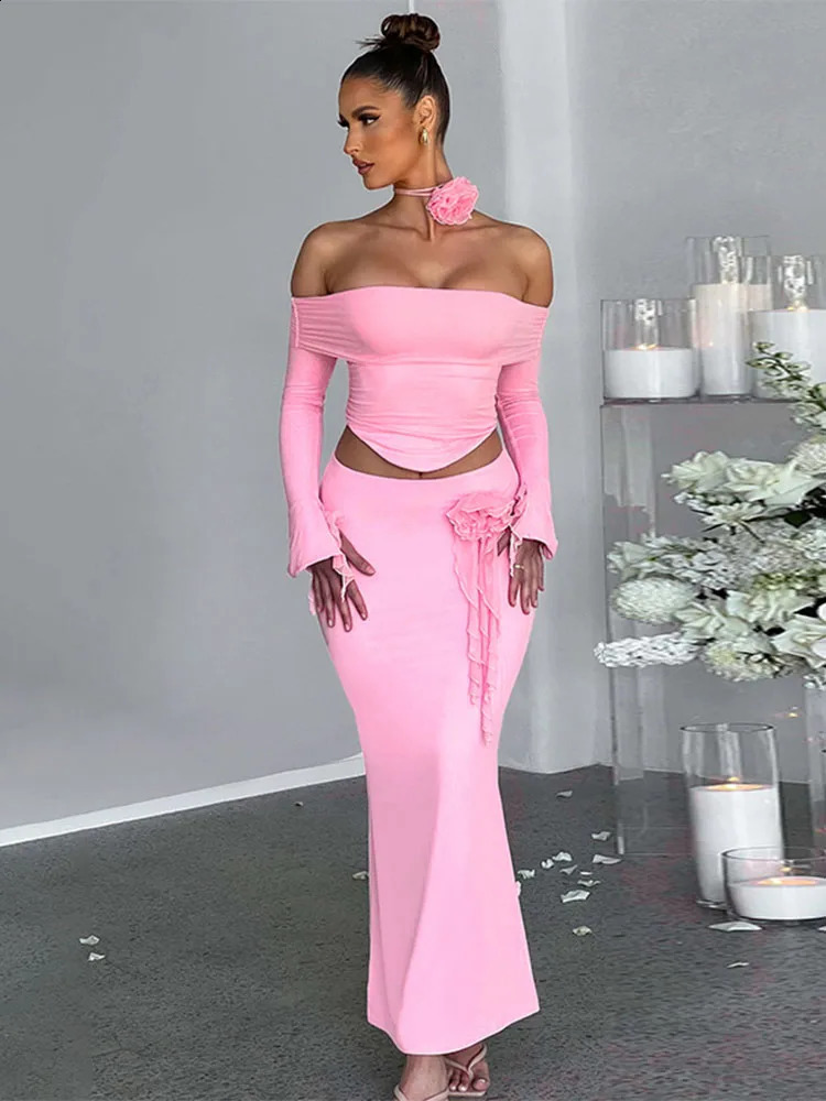 TARUXY Flower Bodycon Skirt Sets Women Slim Sexy Backless Lace Up Tops Womens Party Elegant Dress 2 Piece Womens Suits Outfits 250113