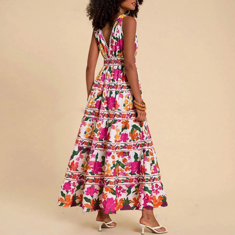 Casual Floral Print High Waist Womens Dress Sexy Deep V Hollow Out Sleeveless Beach Dress Fashion Backless Bohemian Long Dress 250118
