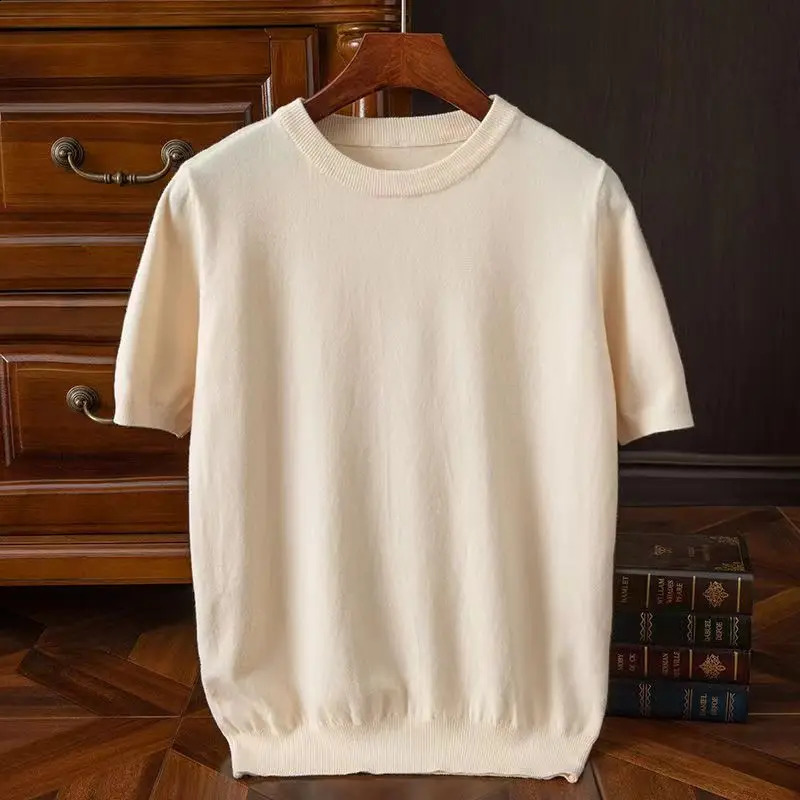High Qualtity Oversized Cashmere Knitted Oneck Tshirt for Men Short Sleeve Tee Solid Color Trend Leisure Grey White Black Blue 250108