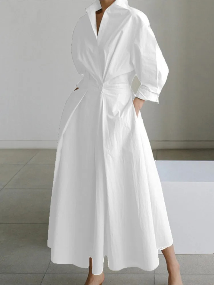 Autumn Dress Long Sleeve Dot Print Elegant Maxi Dresses For Women 2024 White Casual V Neck Shirt Party Robe Femme 250110