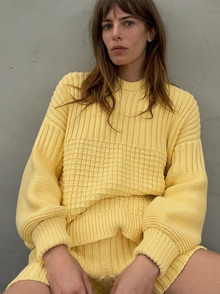 Solid Knit Shorts Sweater Suits Women Casua Loose Round Neck Long Sleeves Pullover Sets Female 2024 Autumn Winter Set 2 Pieces 250113