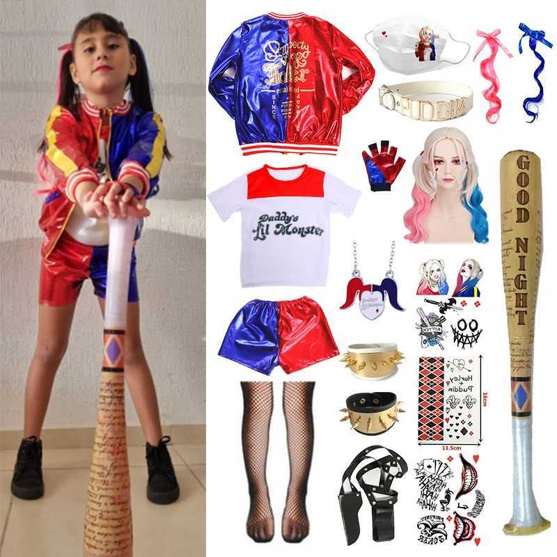 Harleen Quinzel Kids Girls Cosplay Costumes Fantasia Arlequina Halloween Party Dress Jacket Baseball Bat Clothes Set W250117