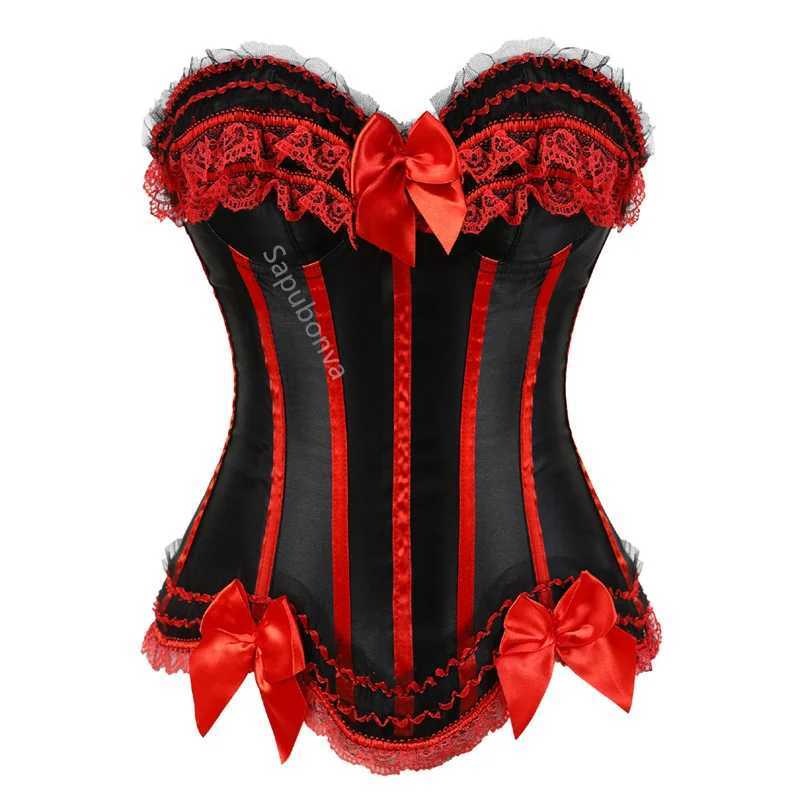 Sapubonva lace tight corset top sexy satin tight corset striped womens satin Halloween large size red black pink tight corset W250120