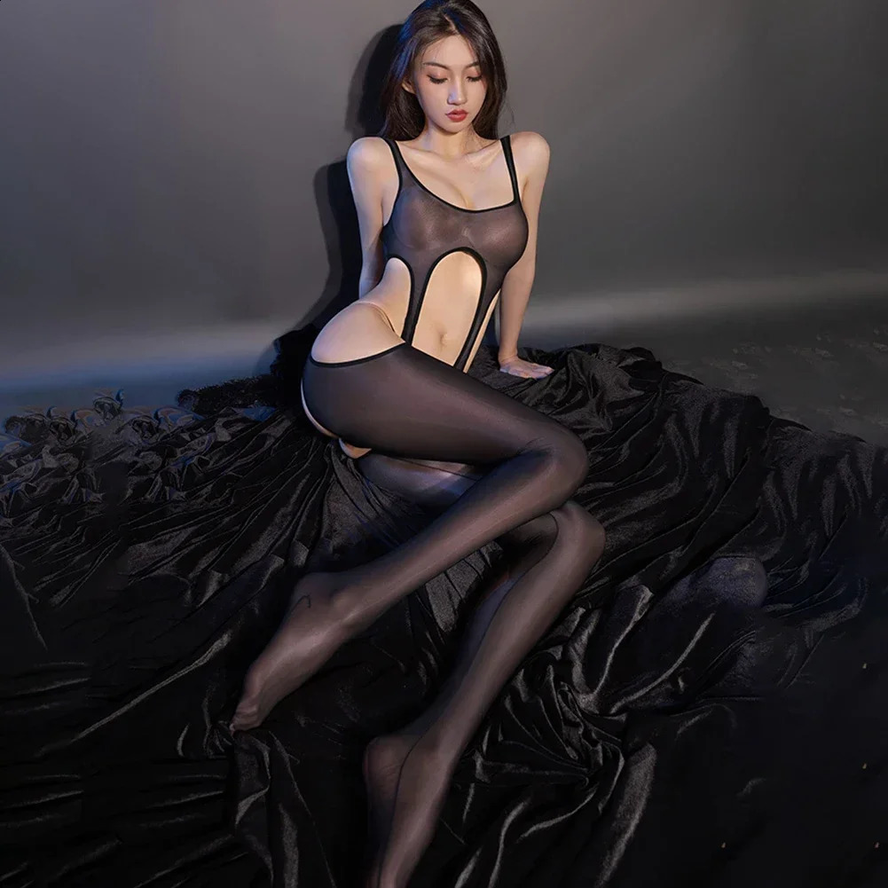 Oil Glossy Shiny Sexy Tight Bodystocking Open Crotch Bodysuit Hollow Out OnePiece Body Stockings Leotard See Through Tights 250108