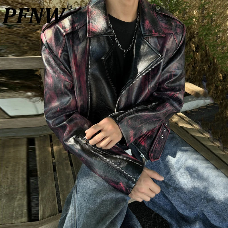 PFNW Ankra Red Brushed Color n Short PU Leather Jacket Autumn Fashion Lapel Zipper Mens Coat Loose Fit Tops 12C1299 250109