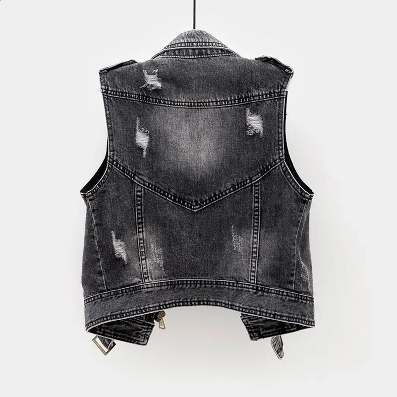 Spring Autumn Gray Jean Cowboy Waistcoat Hole Denim Women Vest Female Sleeveless Wild Tops Short Jacket Girls Ripped 5XL Vest 250122