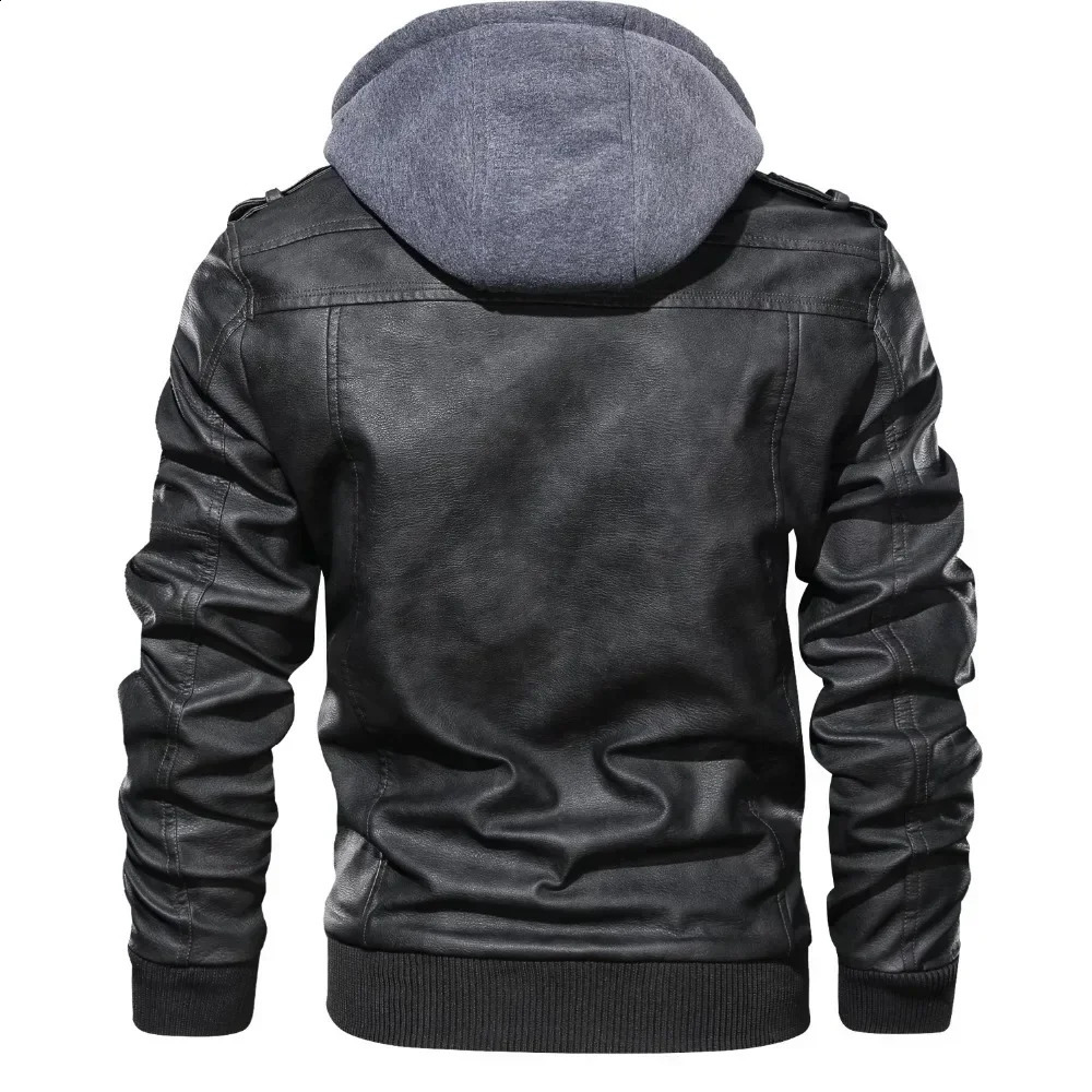 Autumn Detachable Hat Casual Leather Clothing Biker Jacket Men Zipper Pu Hooded Locomotive Coat 250109Z